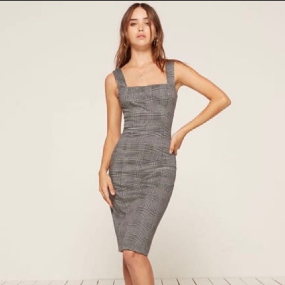 Reformation Vix Gray & Black Plaid Midi Dress SZ 2